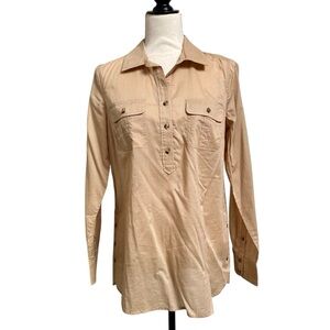 Talbots Beige Cotton Tunic Button Front Blouse Long Sleeve Size Small
